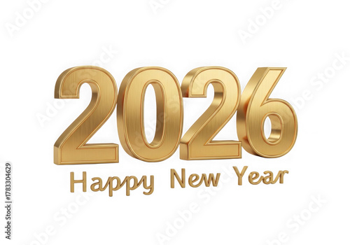 Golden 3d numbers 2026 with happy new year text isolated on transparent background