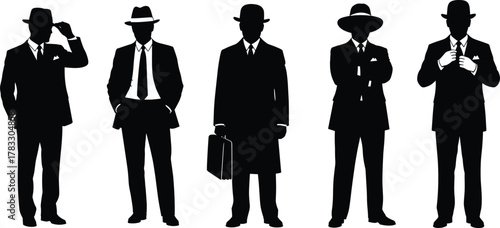 Businessmen silhouettes in suits, formal attire with hats, professional male figures, retro style illustration, black and white vector, corporate fashion concept