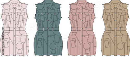 A versatile collection of women's sleeveless utility dresses with belts and cargo pockets. Fashion design flat technical sketch set for apparel templates