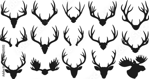 Deer and moose head silhouette vector set, black antler icons, wildlife clipart, hunting design, nature illustration, animal profile artwork collection