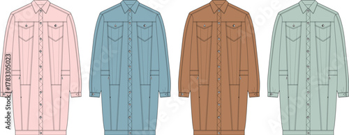 A Collection of Four Long Denim Jackets in Various Pastel and Earthy Tones, Showcasing Different Color Options for Apparel Design and Fashion