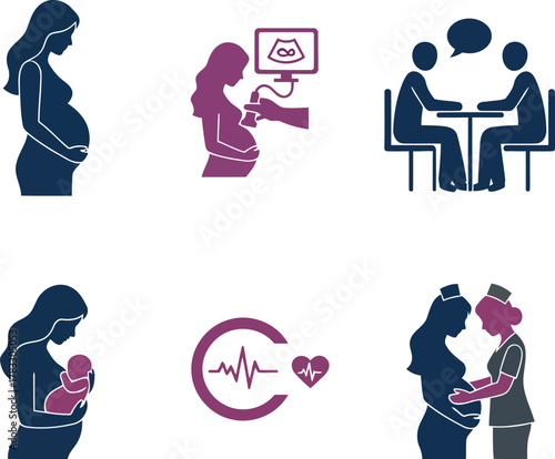 Modern Maternity and Gynecology Silhouettes Vector Set — Pregnant Women, Doctors, Ultrasound, Mother and Baby — Flat Minimal Design 2026 Trend