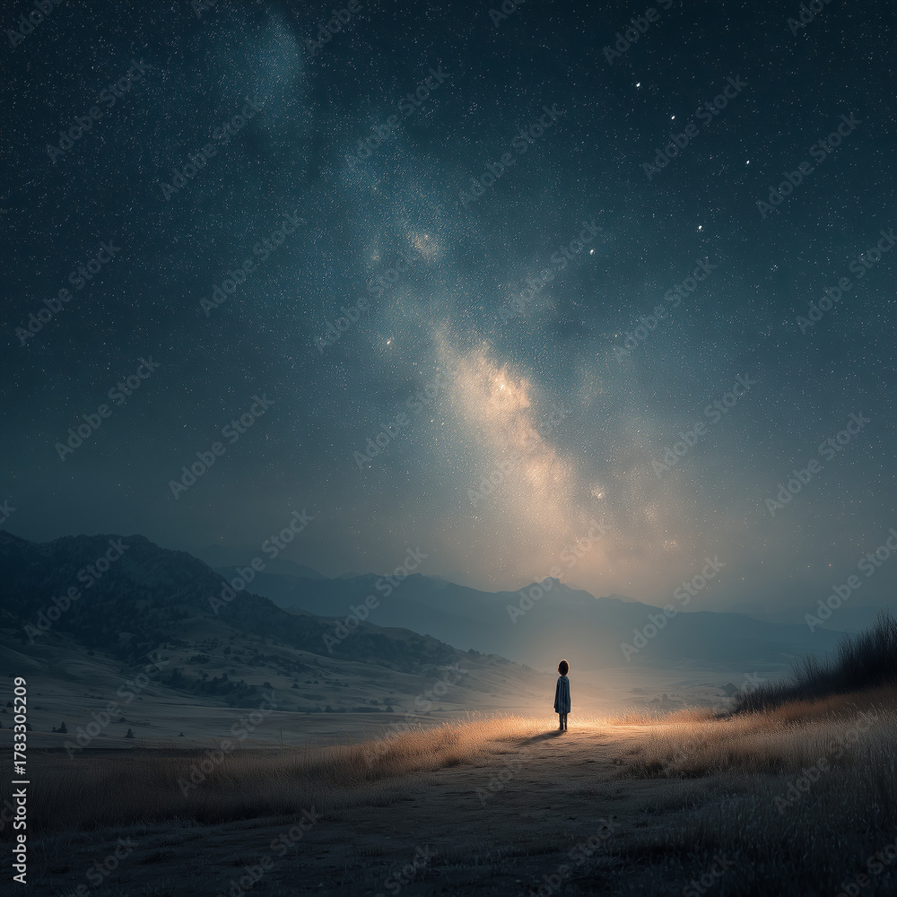 Fototapeta premium A child gazes up at the beautiful night sky filled with shining stars.