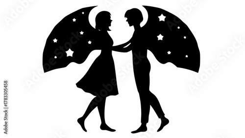 Romantic Silhouette of Couple with Starry Wings Embracing Under Moonlight, Perfect for Valentine's Day Designs and Wedding Invitations, Love and Fantasy Concepts