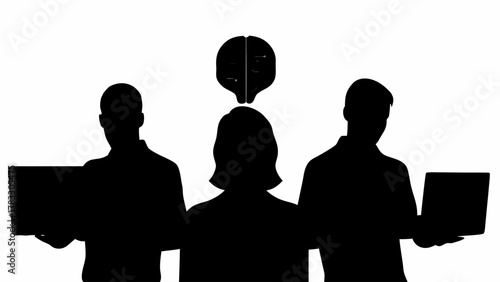 Dynamic team brainstorming with innovative ideas, silhouettes showcase collaboration and intellectual property, perfect for business and technology visuals