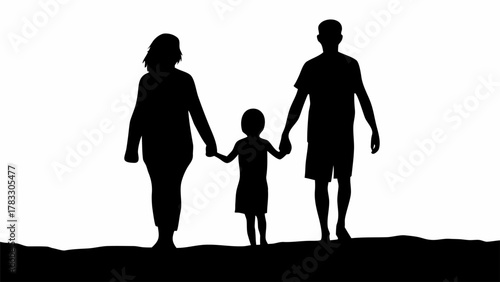 Heartwarming family silhouette walking together, parents holding child's hands, symbolizing love, togetherness, and precious family time moments