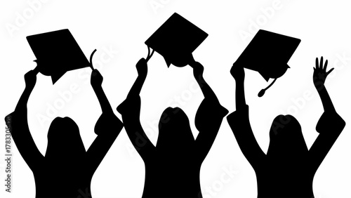 Celebrating graduation success! Students joyfully toss their caps in the air, symbolizing achievement and bright futures, captured in dynamic silhouette form