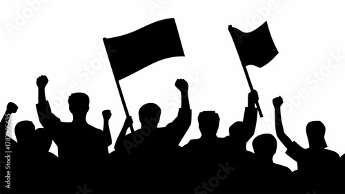 Empowered crowd silhouette rallying with raised fists and flags, demonstrating collective strength and unity, a powerful symbol of social activism and protest
