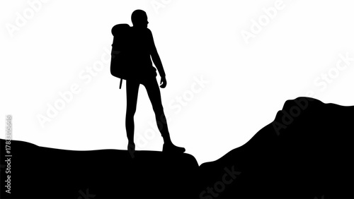 Silhouette of a hiker with backpack conquering mountain peak offering adventure, freedom, and exploration, perfect for travel, fitness, and outdoor campaigns