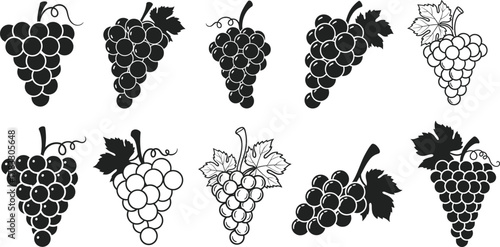 Grape cluster vector set, stylized fruit illustrations, black and white artwork, leaf and stem details, vineyard design, botanical clipart collection