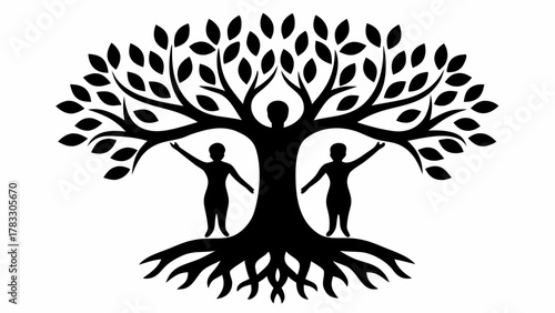 Striking tree of life silhouette with figures, symbolizing growth, family, and interconnectedness in a clean, minimalist design perfect for branding and logos