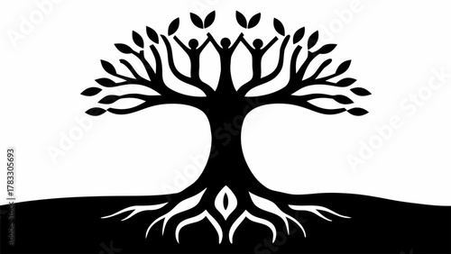 Striking tree silhouette symbolizes growth, unity, and community connection, perfect for eco-friendly brands and sustainable initiatives, originally scalable graphic