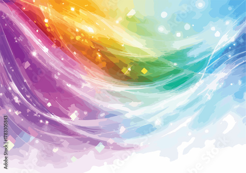 Um fundo abstrato e vibrante com ondas coloridas do arco-íris e brilhos cintilantes, perfeito para design moderno e celebrações.