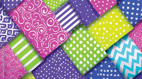 Design vetorial abstrato com uma rica tapeçaria de padrões coloridos e formas geométricas, ideal para fundos criativos e contemporâneos.