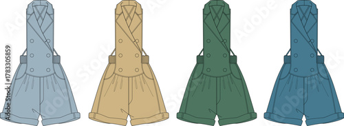 A diverse collection of modern women's trench coat rompers, illustrated in light blue, beige, dark green, and deep blue, showcasing versatile fashion designs for a contemporary wardrobe
