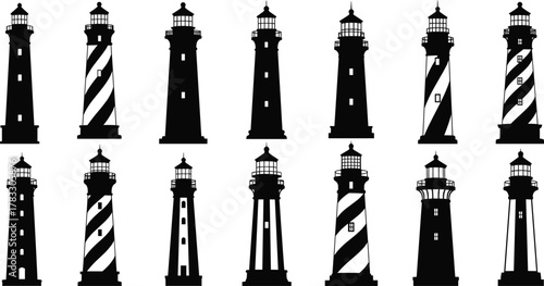 Lighthouse silhouette collection, black and white vector icons, coastal architecture, beacon towers, marine design, nautical theme, navigation aid, flat illustration