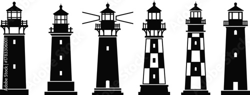 Lighthouse silhouette set, black vector icons, coastal architecture, beacon towers, marine design, nautical theme, navigation aid, flat illustration, sea structure