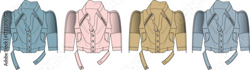 Four women's jackets in different colors, showcasing different design elements