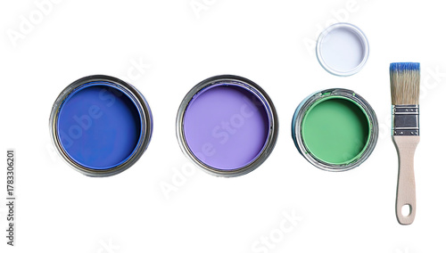 Three paint cans and brush with blue tip, seen from above