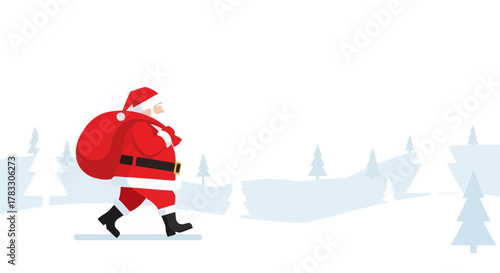 Cheerful Santa Claus Delivering Gifts Through a Snowy Winter Wonderland Scene, Spreading Joy and Holiday Cheer, Perfect for Festive Christmas Designs