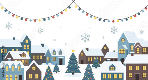 Charming Winter Village Scene with Snow-Capped Houses and Festive Christmas Trees, Perfect for Holiday Greetings and Seasonal Designs, Originally a Vector Graphic