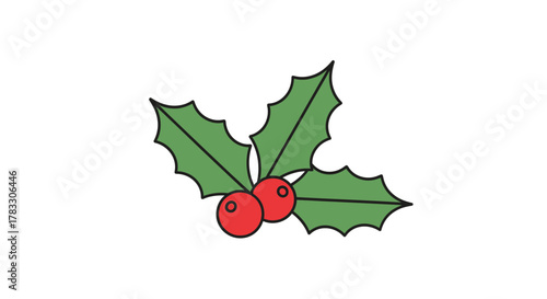 Festive holly sprig with vibrant green leaves and bright red berries, a classic Christmas symbol that brings holiday cheer and warmth to designs