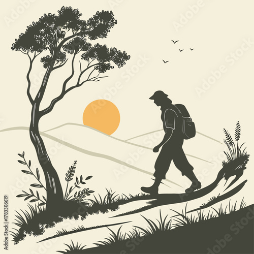 Hiker silhouette vector illustration, person with backpack trekking in nature at sunset