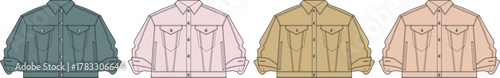 Set of colorful oversized denim jackets. Fashion technical flat sketch collection for apparel design, vector illustration template