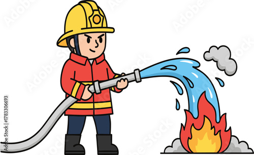 A determined cartoon firefighter, wearing a yellow helmet and red jacket, aggressively uses a hose to spray water and extinguish a dangerous fire.