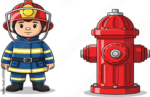 A friendly cartoon firefighter stands next to a bright red fire hydrant, ready to help with emergency services, safety, and community protection.