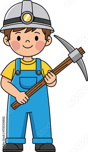 A cheerful cartoon worker, dressed as a miner with a gray helmet and blue overalls, stands holding a pickaxe for excavation and construction.