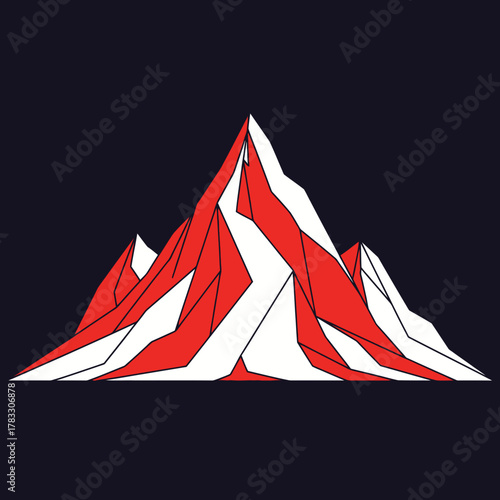 Stylized mountain peak with red and white geometric design against a dark background