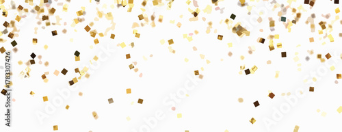 Fundo elegante com brilhos dourados cintilantes e confetes caindo sobre um espaço branco, ideal para celebrações e festas.