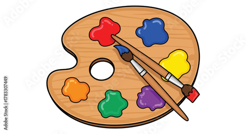 A vibrant artist's palette illustration, featuring a wooden board with blobs of colorful paint and two brushes for creative projects