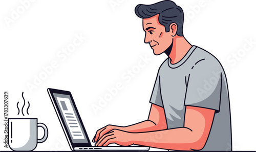 Focused laptop user cartoon illustration, symbolic remote productivity and expressive digital concentration artwork for design and education