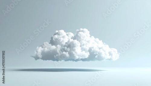 Single fluffy white cloud floating above a soft shadow on a light gray background, evoking surreal calm and minimalist dreamlike atmosphere.