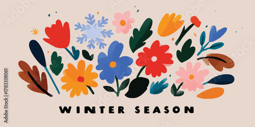 Vetor vibrante e moderno que celebra a estação do inverno, com uma composição alegre de flores estilizadas e um floco de neve delicado.