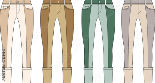 Collection of women's color block skinny pants with cuffed hems. Technical flat fashion illustration set in multiple color variations