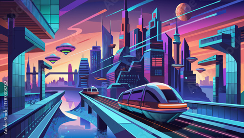 Time Warp: Futuristic city blended with vintage sci‑fi flair in clean vector