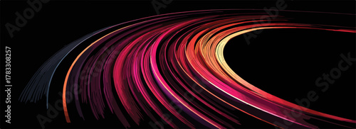 Curvas abstratas de luz em movimento, com tons vibrantes de vermelho e laranja, criando um fundo dinâmico e tecnológico.