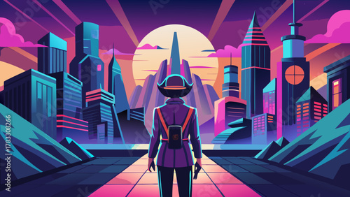Retro-futuristic city traveler in a neon-dream skyline