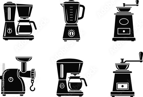 Black and White Kitchen Appliance Silhouette Vector Set Featuring Coffee Makers, Grinders, and Blenders for Culinary, Retro, and Design Themes