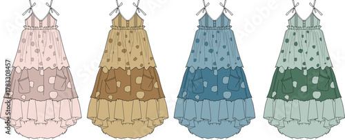 Collection of four charming tiered ruffled sleeveless dresses in various color palettes, showcasing casual fashion design illustrations for a relaxed summer style