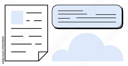 Document with text, speech bubble, and cloud icon showing digital file sharing. Ideal for cloud storage, communication, teamwork, remote work, collaboration, productivity simple flat metaphor
