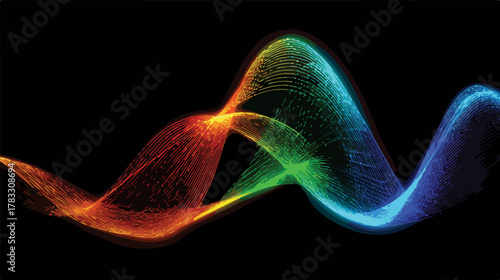 Vetor abstrato de onda luminosa colorida com efeito de partículas brilhantes sobre fundo preto escuro.