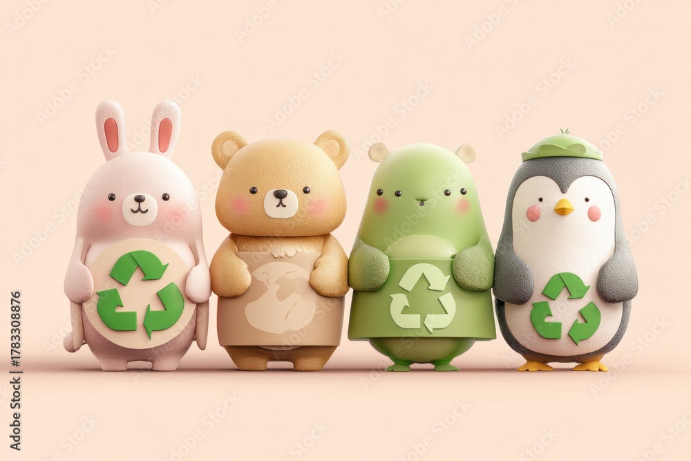 Naklejka premium digital painting of cute animal characters holding recycling signs, pastel background, educational environment art 