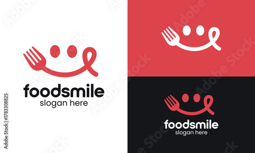 Smile food logo design. spoon fork vector design with smile graphic icon symbol. Delicious, tasty eating emoji face eat with mouth and tongue gourmet enjoying taste graphic logo design.