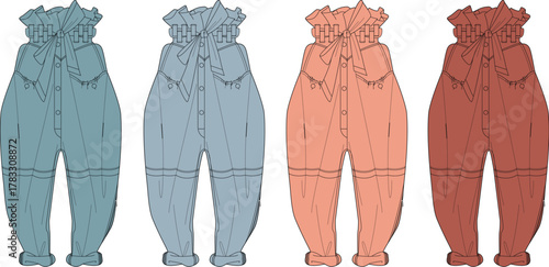 Fashion flat drawing of a baby romper, featuring ruffles and a tie-waist. Four distinct color variations presented for children's apparel design concepts