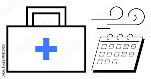 Blue cross on a first aid kit beside a calendar with blowing lines. Ideal for healthcare, planning, preparedness, emergencies, health care schedules, time management, simple flat metaphor