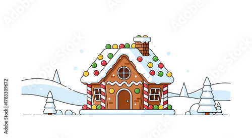 Charming gingerbread house nestled in a snowy winter landscape, a delightful scene evoking holiday cheer and sweet memories, perfect for seasonal designs